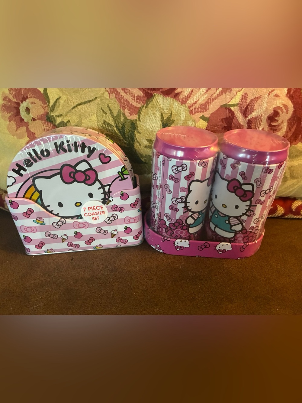 Brand New Hello Kitty salt and pepper shakers with holder and coaster set